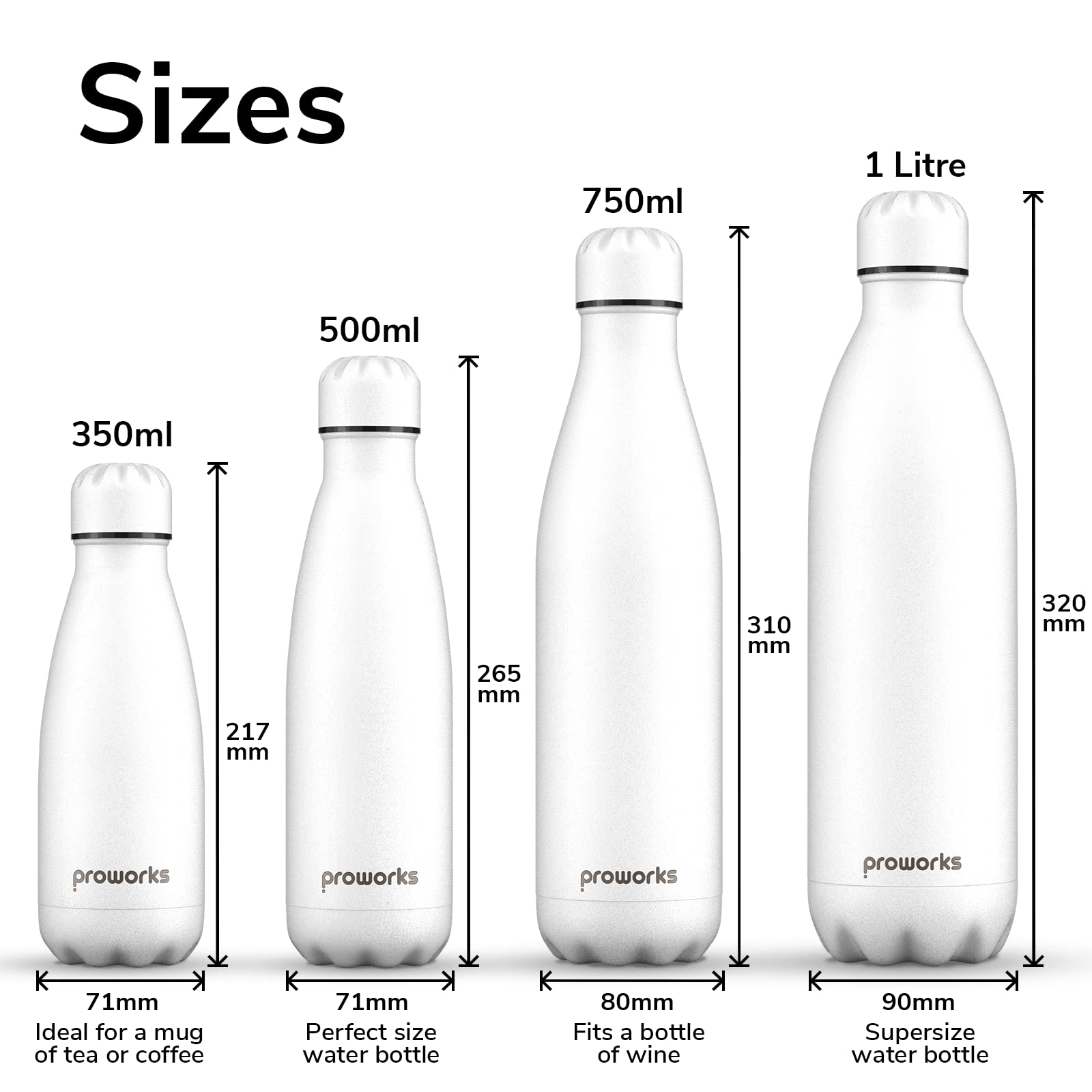 Proworks Performance Stainless Steel Sports Water Bottle, All White, 500 ml - Image 3