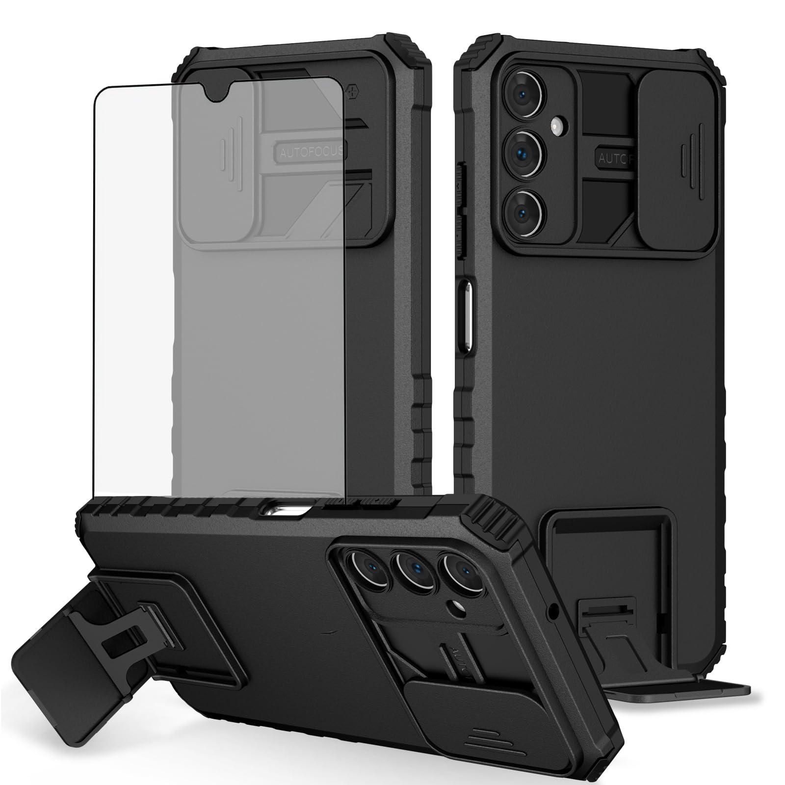 Asuwish Phone Case for Samsung Galaxy A25 5G with Tempered Glass Screen Protector and Slide Camera Cover Kickstand Stand Slim Protective Hard Hybrid Back Cell Accessories A 25 25A Women Men Black