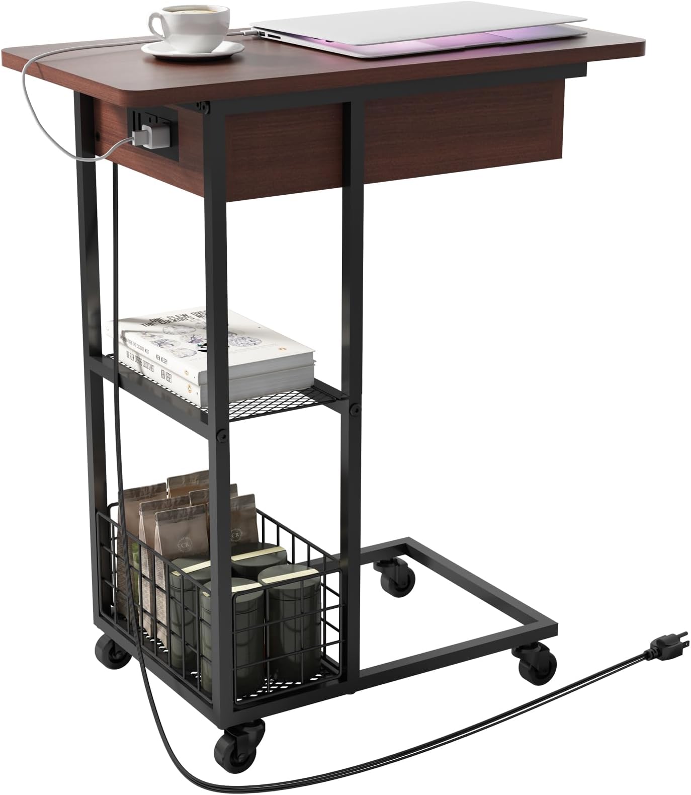 LIDYUK C Shaped End Table with Charging Station, Flip Top Side Table with USB Ports and Outlets, C Table Sofa Table with Storage Shelf for Living Room, Bedroom, Dark Cherry