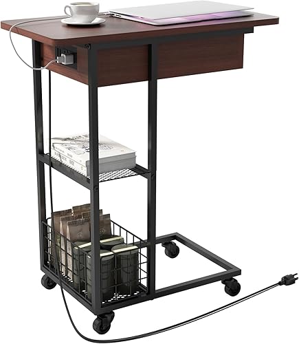 Miniatura 29 de LIDYUK Mesa auxiliar en forma de C con estación de carga, mesa auxiliar abatible con puertos USB y tomas, mesa de sofá con estante de almacenamiento