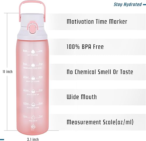 Miniatura 2 de Flarny Botella de agua de 32 onzas con popote, a prueba de fugas, no tóxica, sin BPA, botella deportiva motivacional con marcador de tiempo para