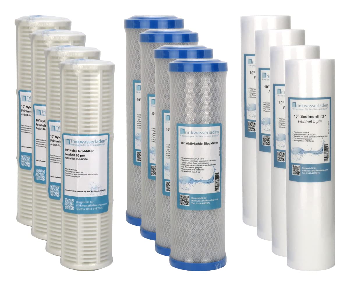 TWL Wasserfilter Filtereinsätze für 3 Stufen Filtergehäuse Brunnenwasser Regenwasser Teichwasser Pumpenvorfilter Nylon Siebfilter Aktivkohleblock Sedimentfilter Vorfilter 10 Zoll (12 Filter)