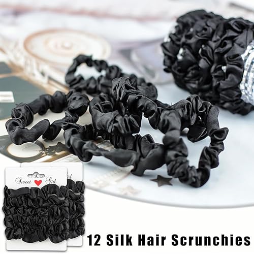 Miniatura 6 de 12 piezas de coleteros de satén negro, suaves y pequeños lazos de seda satinada para mujeres, rellenos de calcetines de pelo fino para mujeres