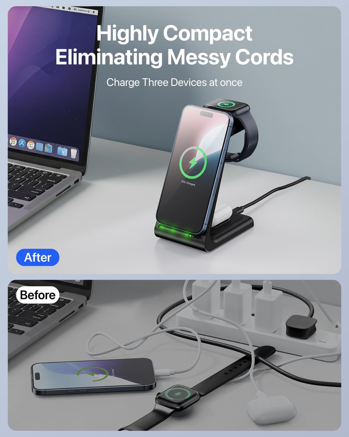 Before and after image showing a cluttered desk with multiple charging cables versus a tidy desk with the Intoval A3 charging station