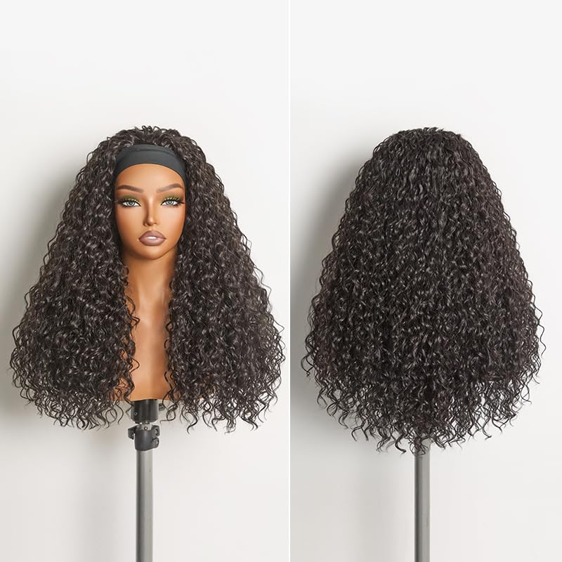 Frodio Headband Wig Curly Wig 22 Inches Veralux™ Blend Human Hair 22" Deep Wave Headband Wig Glueless Wigs Beginner Friendly Curly Elastic Band Wig