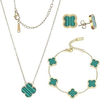 Four Leaf Clover Jewelry,3pcs Lucky Four Leaf Clover Jewelry Set Stylish Simplicity Gold-Plated Bracelet, Necklace, Earrings Set Women's Gift（Green）