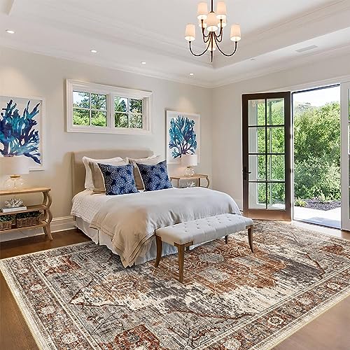 RUUGME 10x12 Washable Area Rug - Stain Resistant Carpet Soft Area Rugs for Living Room Vintage Lightweight Rugs for Bedroom with Non Slip Backing Indoor Ultra-Thin Rugs Home Decor 10x12 Brick