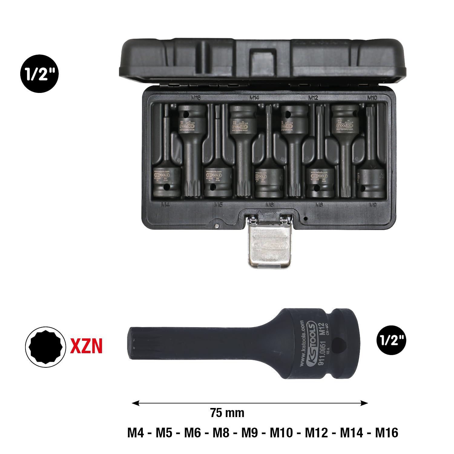 KS Tools 911.0944 Serie di Bussole per Avvitatori ad Impulsi per Viti XZN, 9 Pezzi, M4-M16, 1/2"