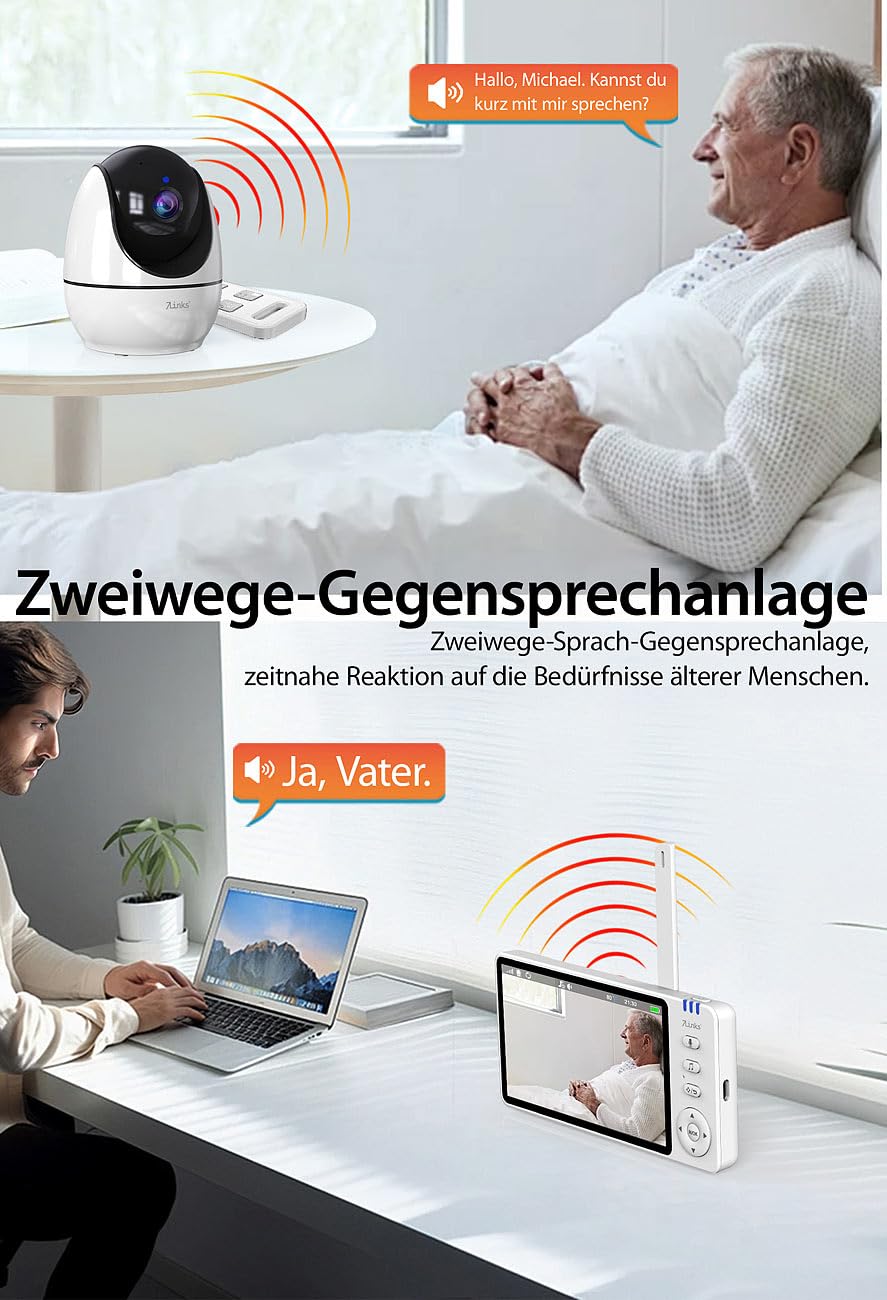 7links Babyphone für Senioren: HD-Video-Seniorenkamera, Schwenk- & neigbar, mit Notruf-Fernbedienung (Senioren Babyphone mit Kamera, Baby-Monitor-Kamera, Küche)