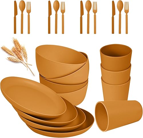 Miniatura 9 de afcevnlb Juego de vajilla de paja de trigo, 24 piezas, platos y cuencos de paja de trigo para 4 microondas, apto para lavavajillas, ligero (azul)