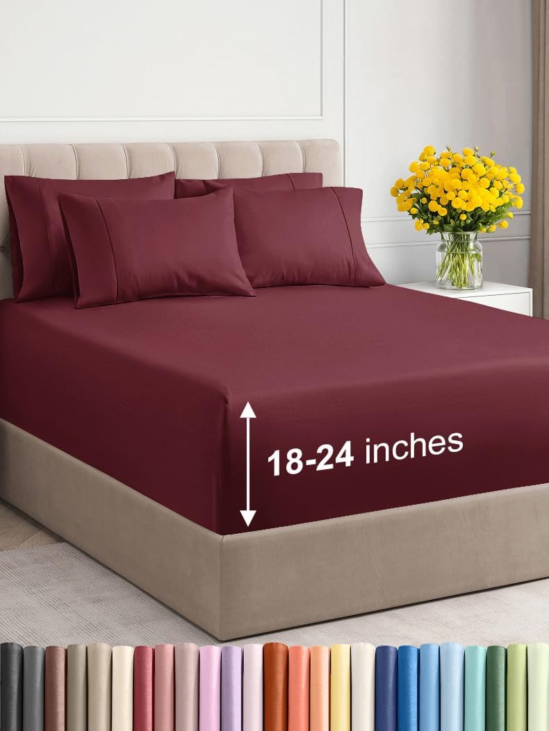 extra deep cal king sheet set - 6 piece breathable & cooling sheets - hotel luxury bedding set w/18-24 inch extra deep pockets - easy fit - super soft, wrinkle free & comfy - burgundy, cal king size california king 27 - burgundy