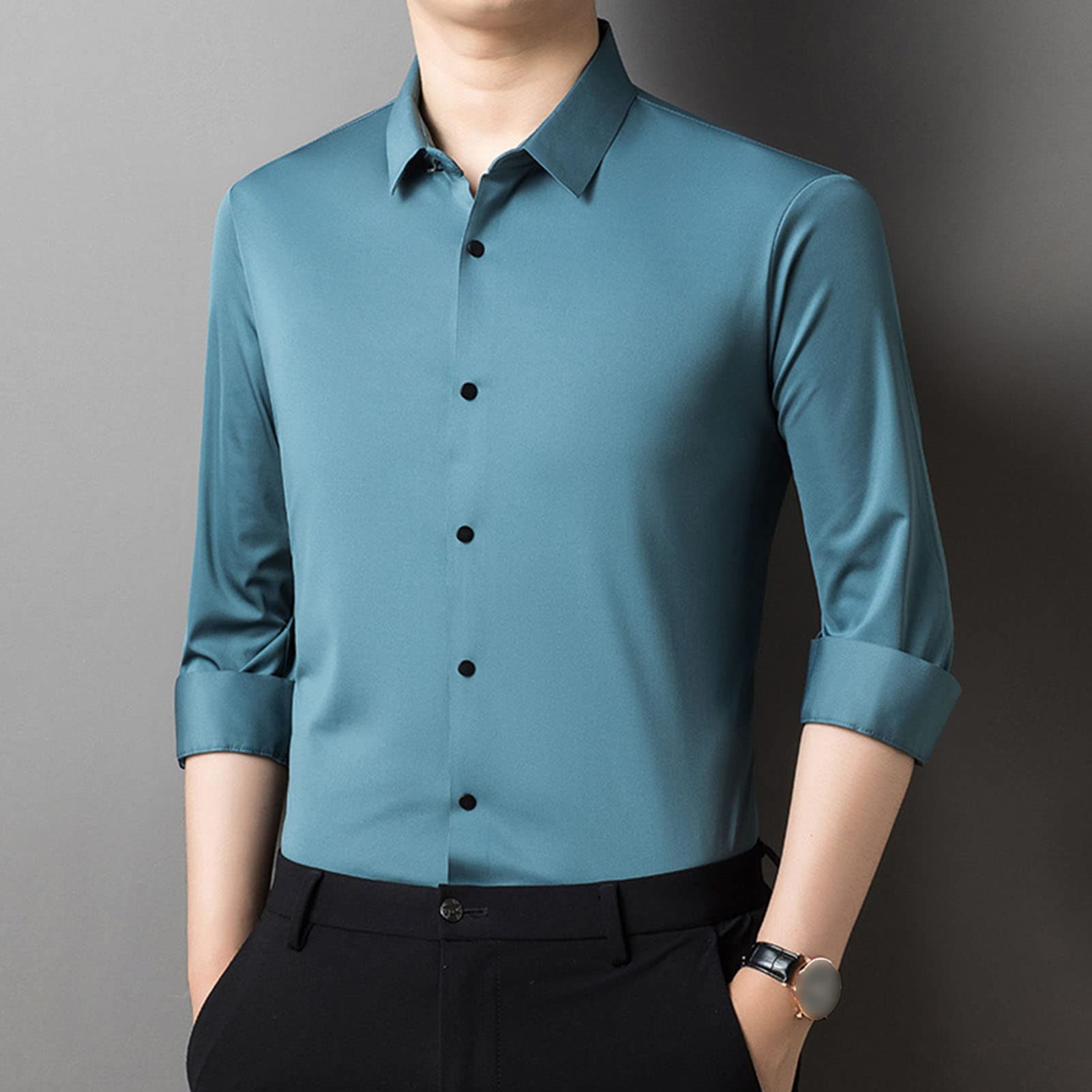 Long Sleeve Stylish Shirts for Men Solid Lightweight Slim Shirts Classic Casual Business Button Down Dress Shirt (Green,Medium)