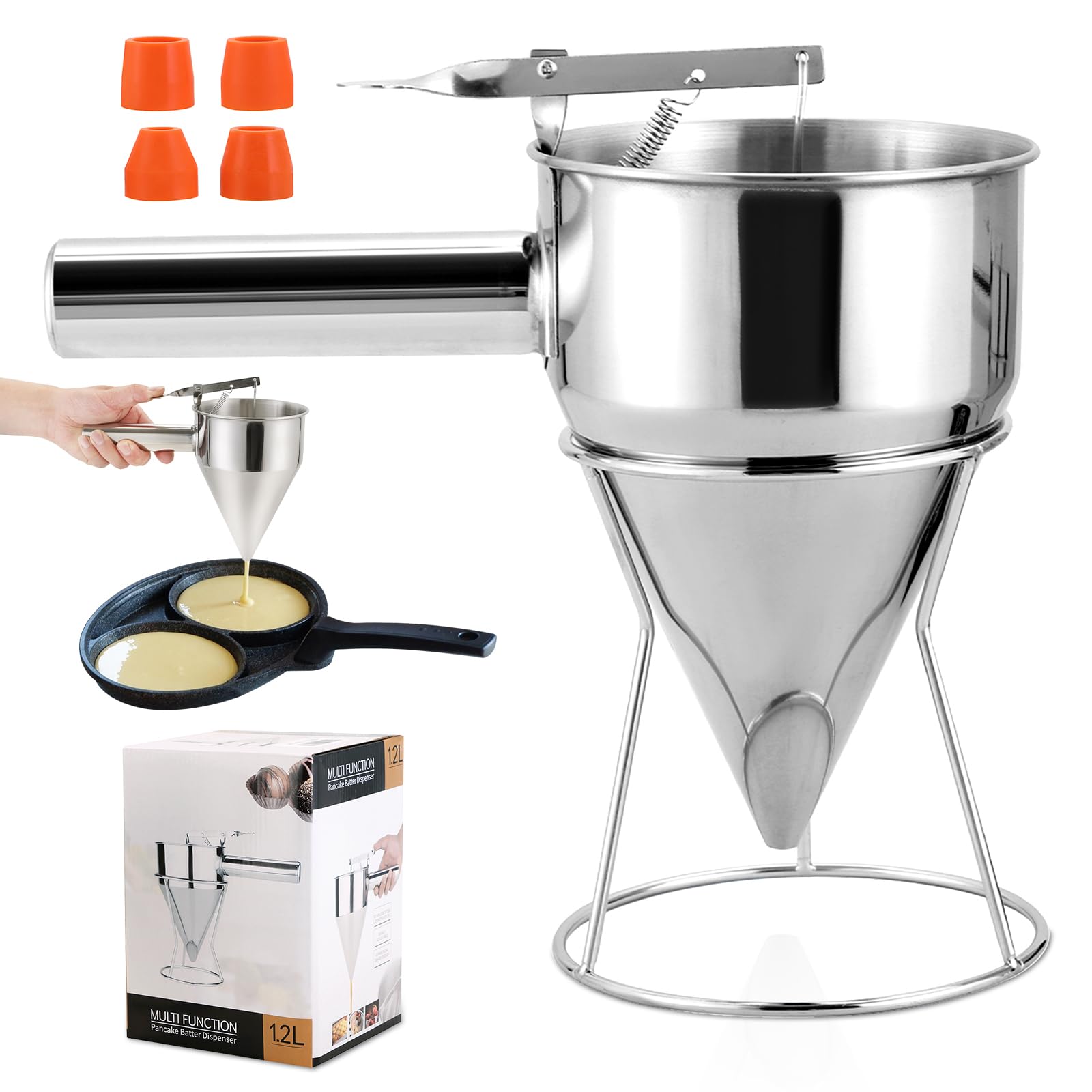 Dispensador de masa de panqueques de acero inoxidable de 40 onzas, dispensador de pastel de embudo de varios calibre con soporte, apto para panqueques, cupcakes, gofres y productos horneados