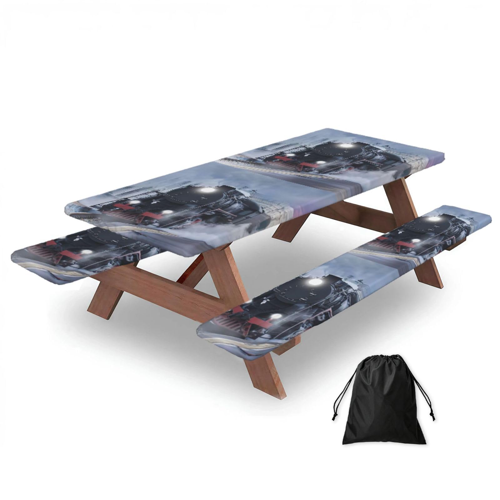 Yqxwjl Black Steam Train Depart Sunset Print Camping Essentials Waterproof Camping Table And Bench Cover With Drawstring Bag 183 Cm