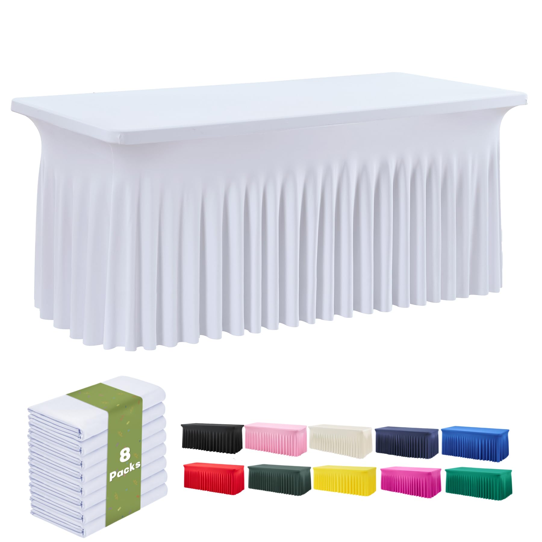 leegleri 8 Pack White Spandex Table Clothes for 6 Foot Rectangle Tables, Wrinkle Free 6ft Fitted Table Cover, Spandex Table Skirt for 6FT Rectangle