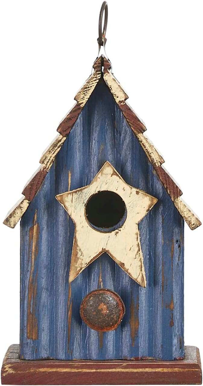 Glitzhome Birdhouses for Outdoors, 9" H Patriotic Hanging Bird House Distressed Solid Wood Cottage Design with 3D Star, Garden Birdhouse for Bluebird Hummingbird Wren Finch Cardinals Cedar