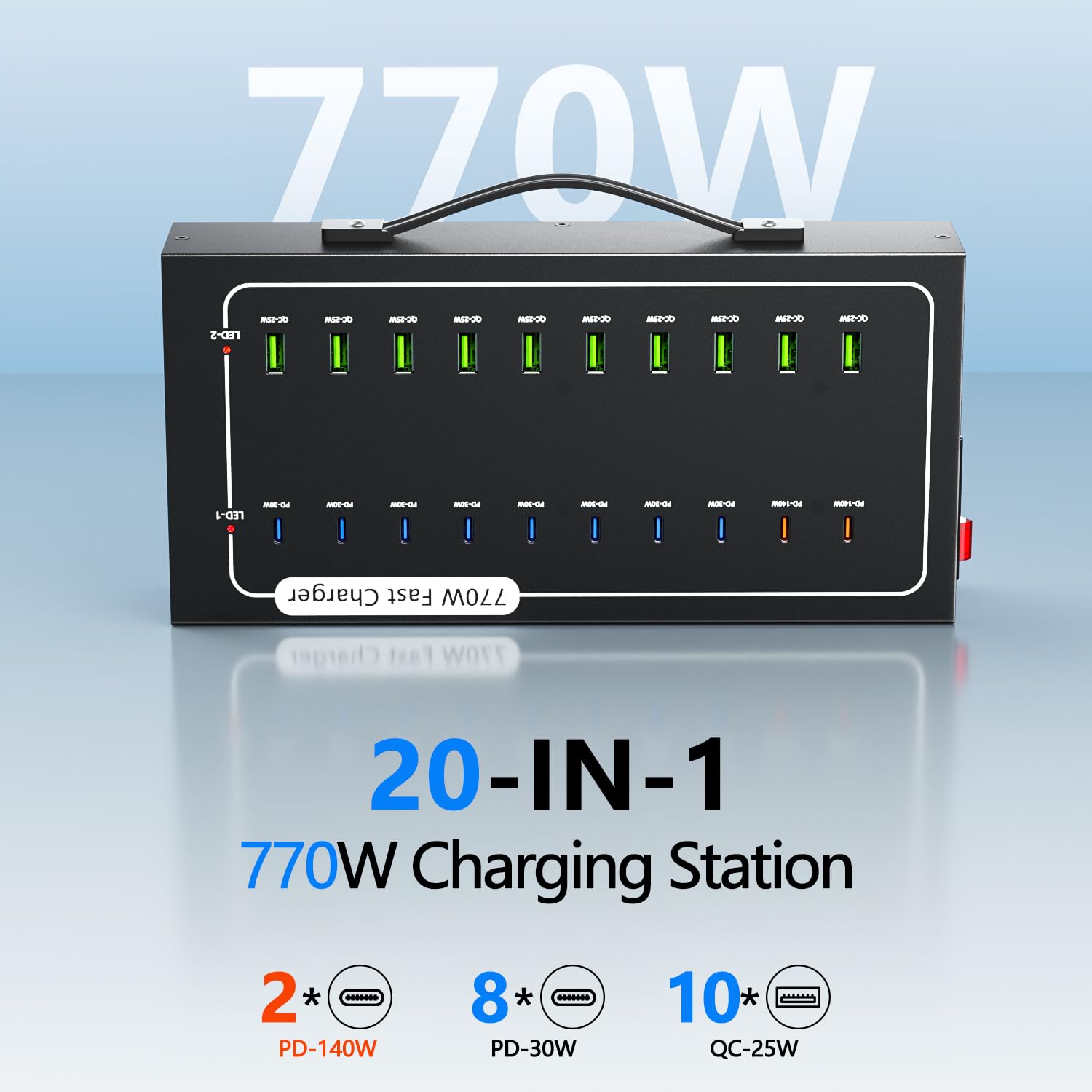 Station de charge USB 770 W avec 20 ports pour plusieurs appareils, 10 USB A + 10 USB C, bloc de chargement, alimentation intelligente et protection multiple compatible avec iPhone/iPad/tablettes