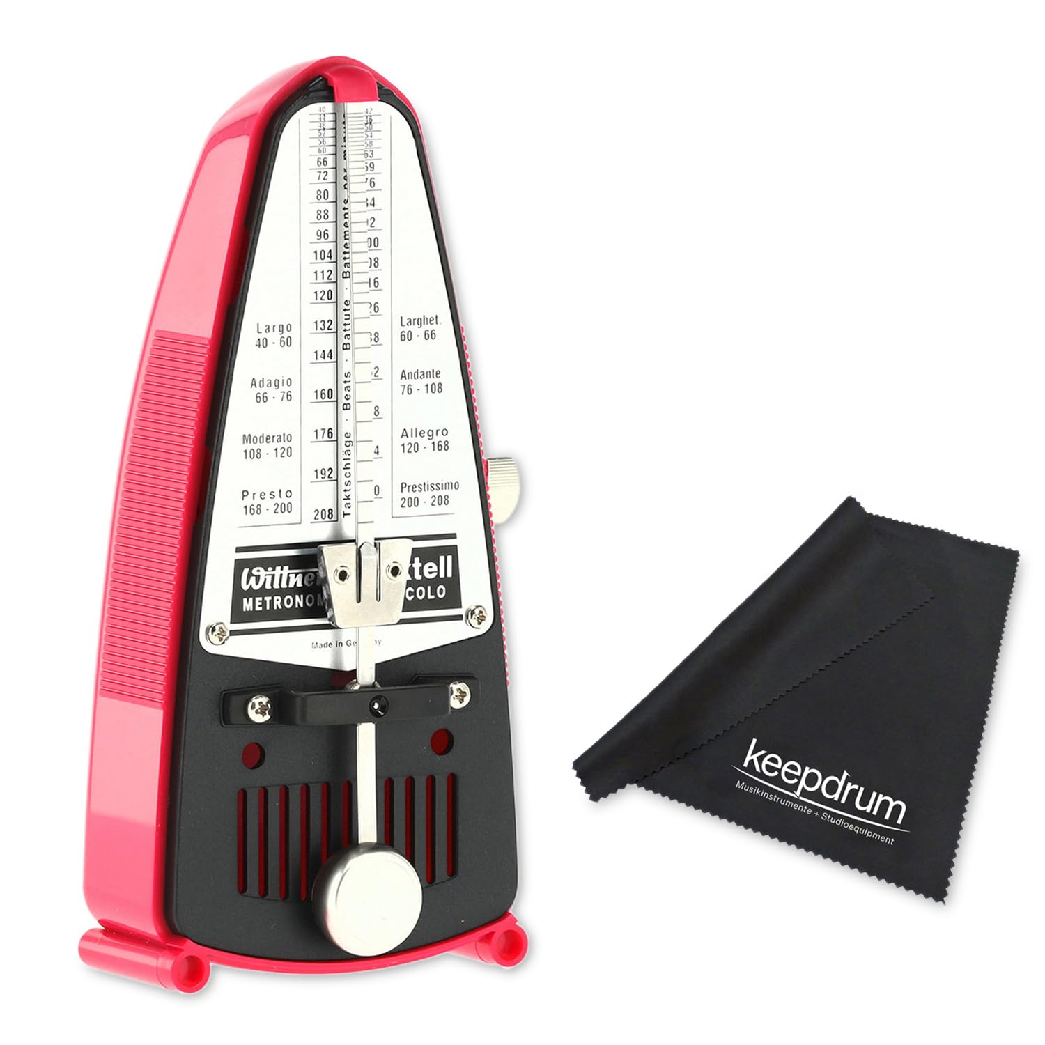 Wittner Taktell Piccolo 830361 mechaniczny metronom ciemnoróżowy ze ściereczką z mikrofibry keepdrum