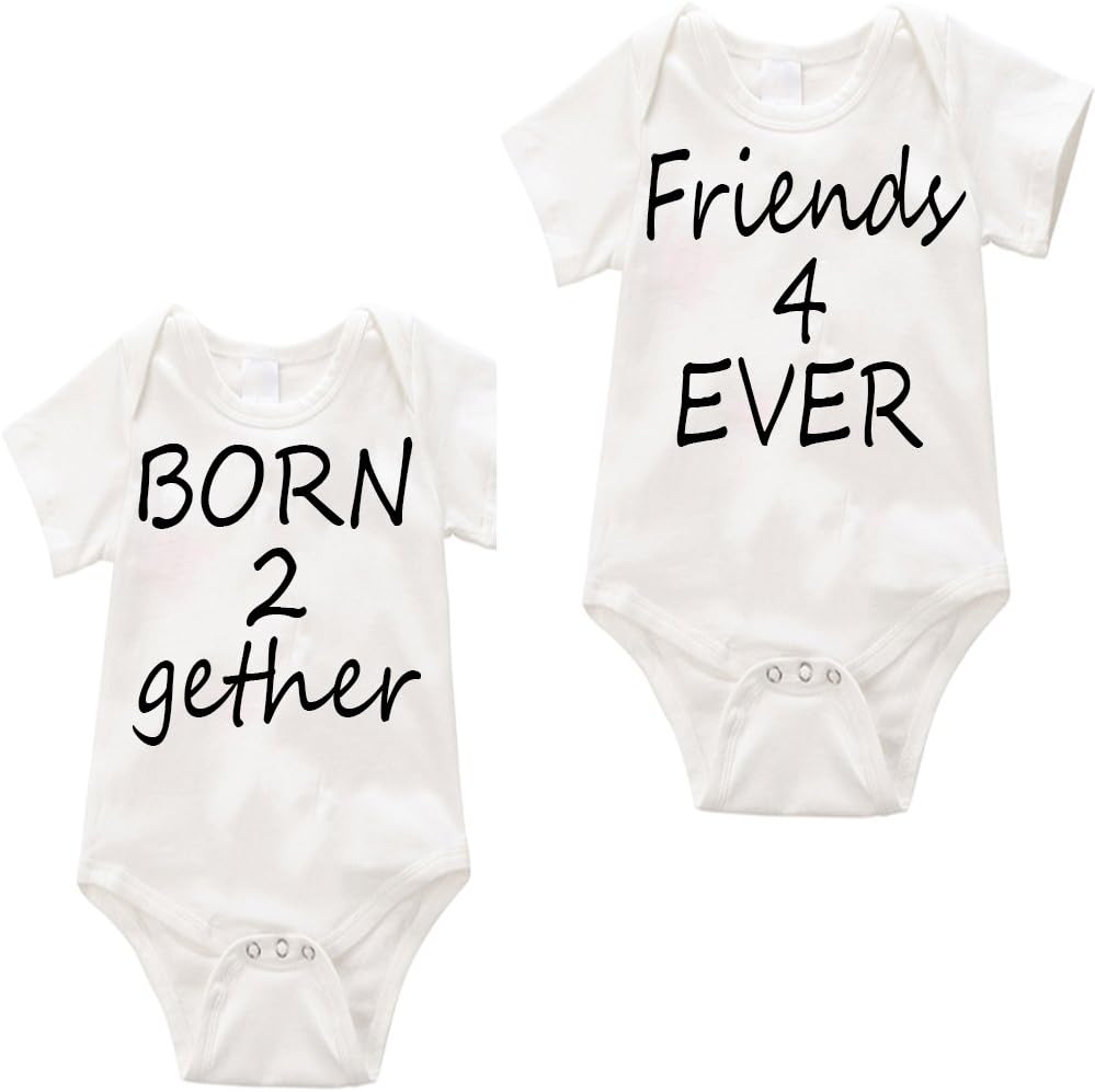 ANL Personalized Dual Baby Romper Twins Born Together Friends Forever Gift for Baby New Parents Baby Birthday (White, 6M)
