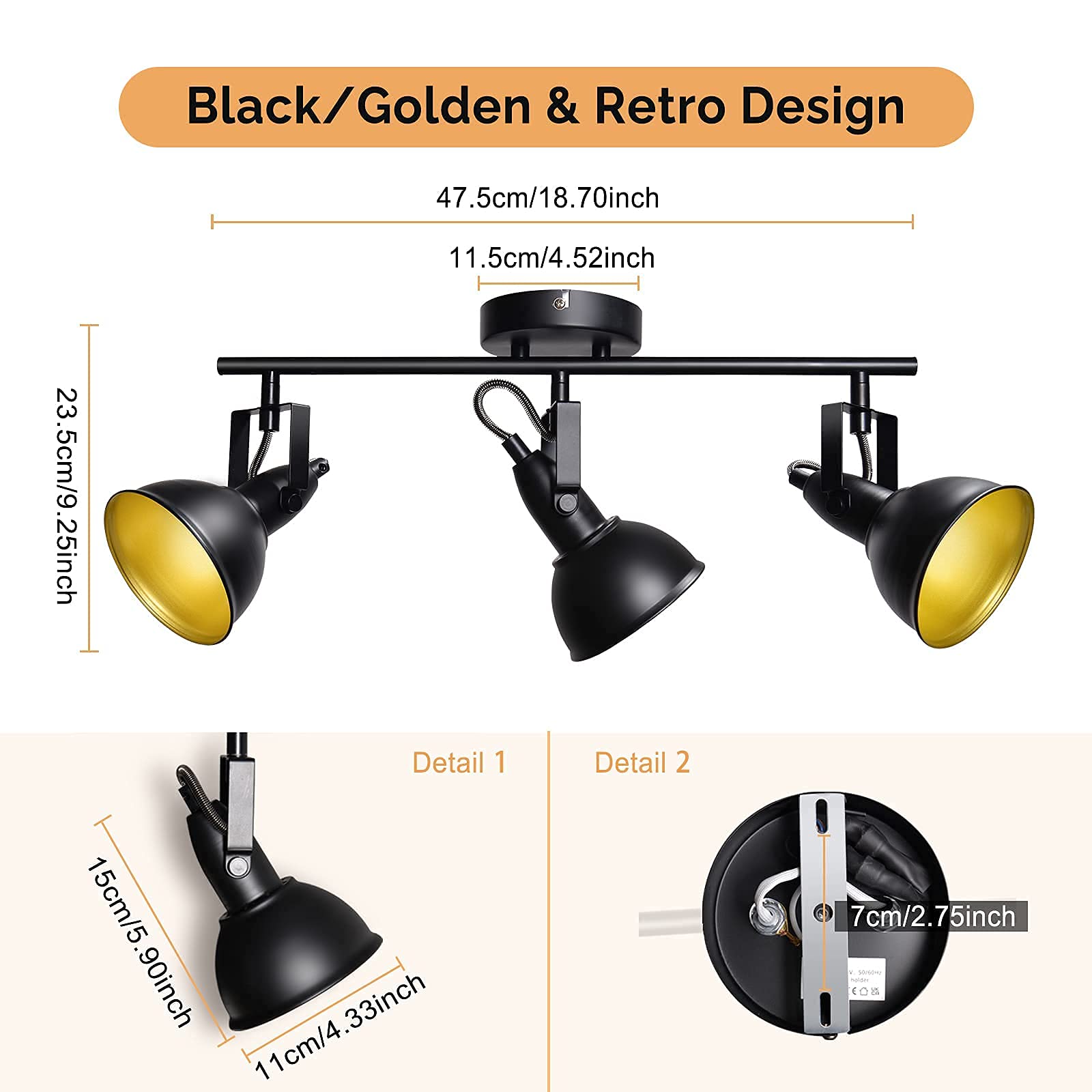Deckenstrahler 3-flammig E14 Deckenleuchte Schwarz Gold | Schwenkbare Spots für gezielte Beleuchtung, Vintage Design für Wohnzimmer, Küche und Schlafzimmer, ohne Leuchtmittel