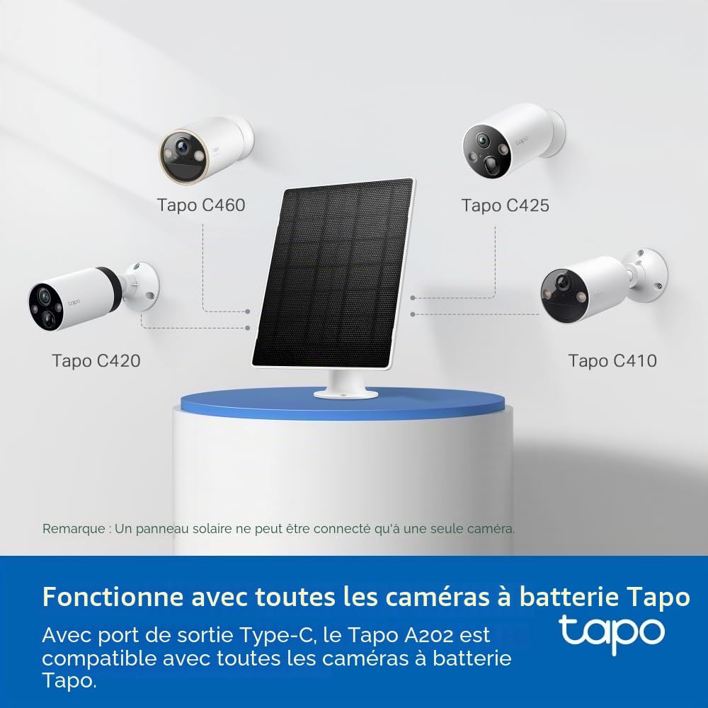 Tapo A202 Panneau Solaire 4,5 W, 5,2 V, adapté à la caméra à Pile, Installation Flexible, Charge à Haute efficacité, IP65, réglable à 360 °, câble de Charge de 4 m