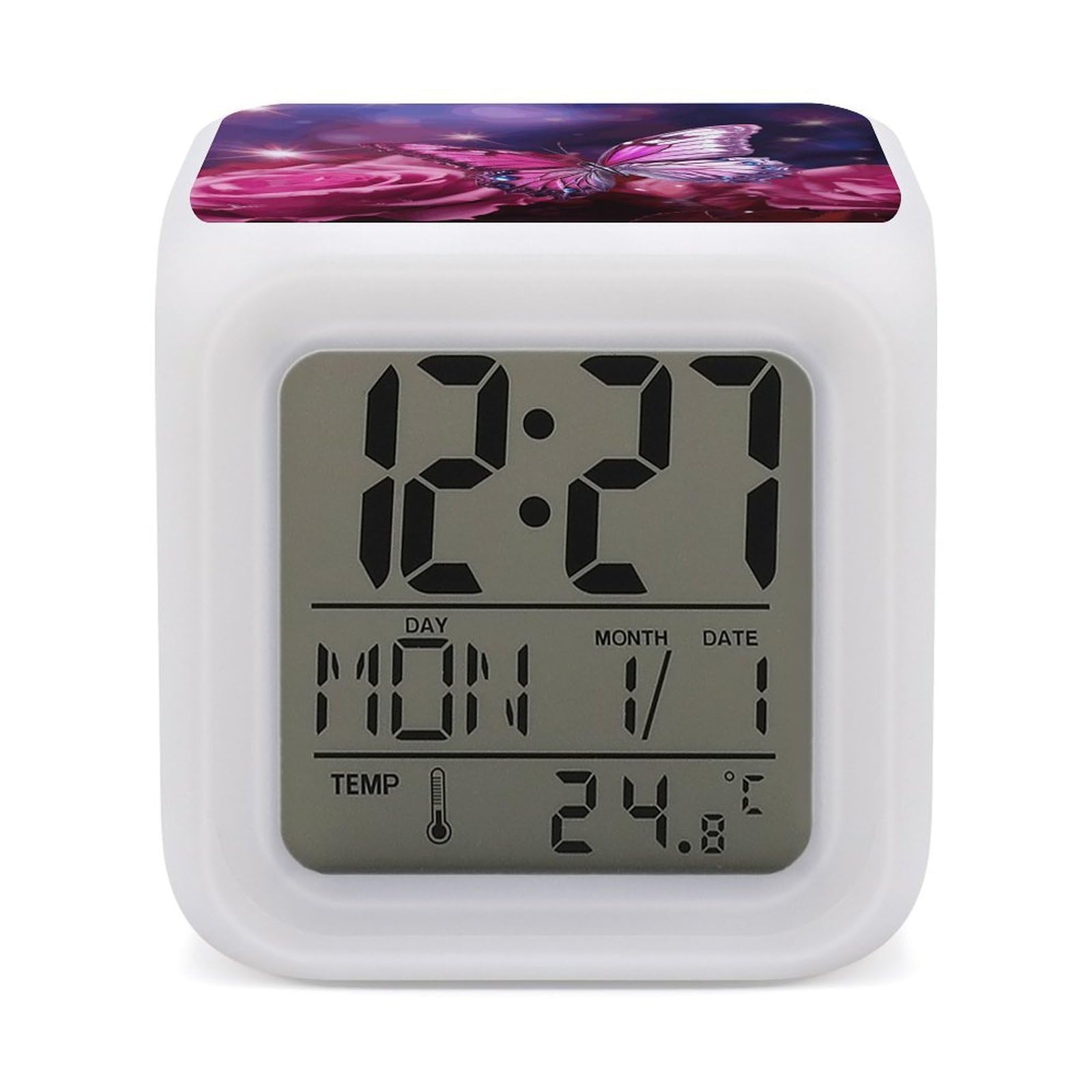 Réveil numérique LED pour chambre à coucher avec veilleuse et motif papillon