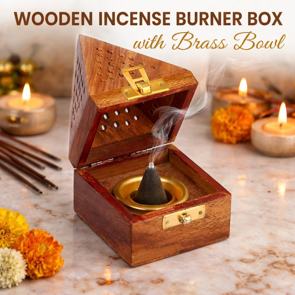 Decorative Wooden Incense Holder Box with Brass Bowl Dhoop Burner Ash Catcher for Home Temple Meditation and Spiritual Decor