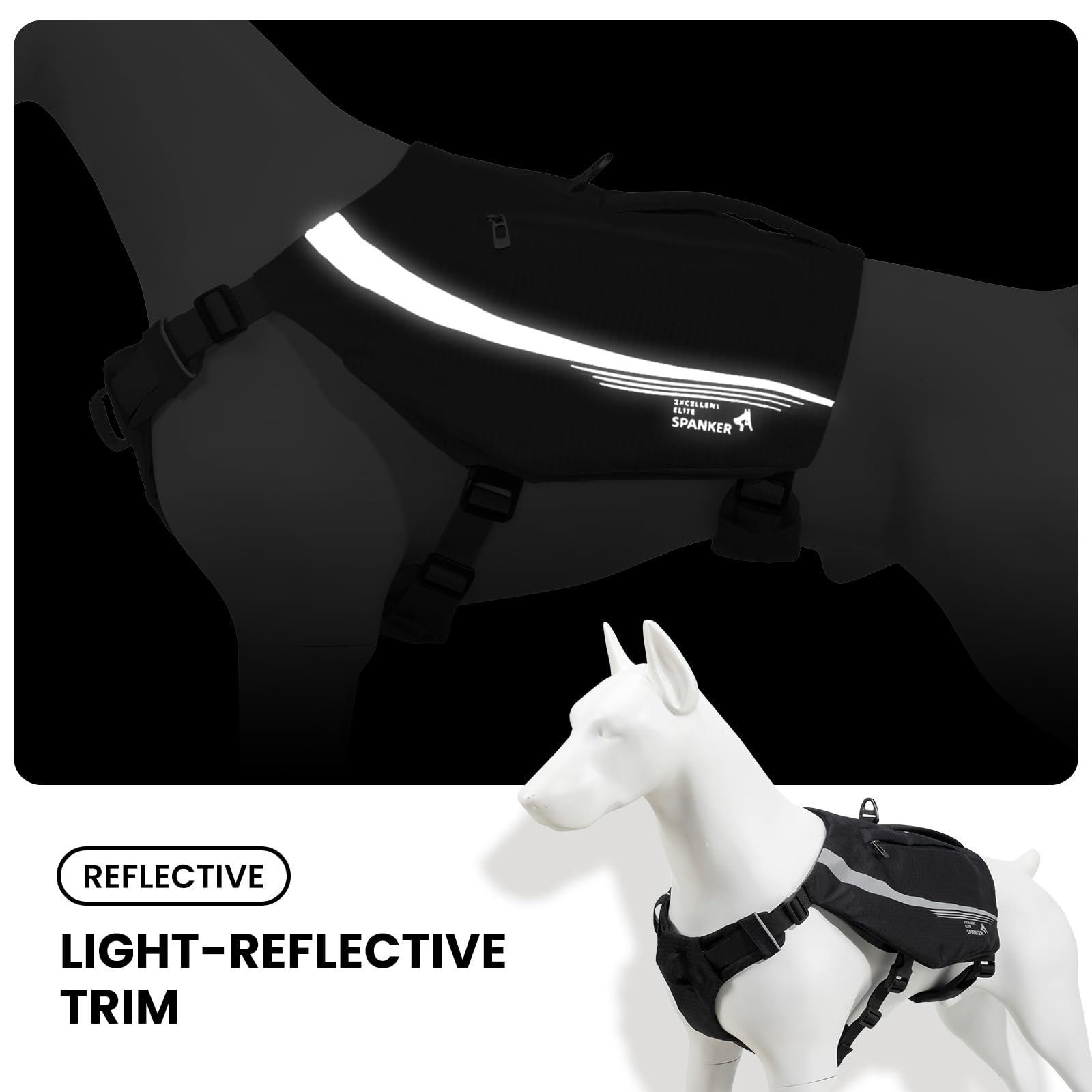 EXCELLENT ELITE SPANKER Mochila reflectante en forma de Y con bolsillos con asa, sin tirones, anillos en D, equipo ligero de senderismo para perros, caza, camping, viajes (negro)