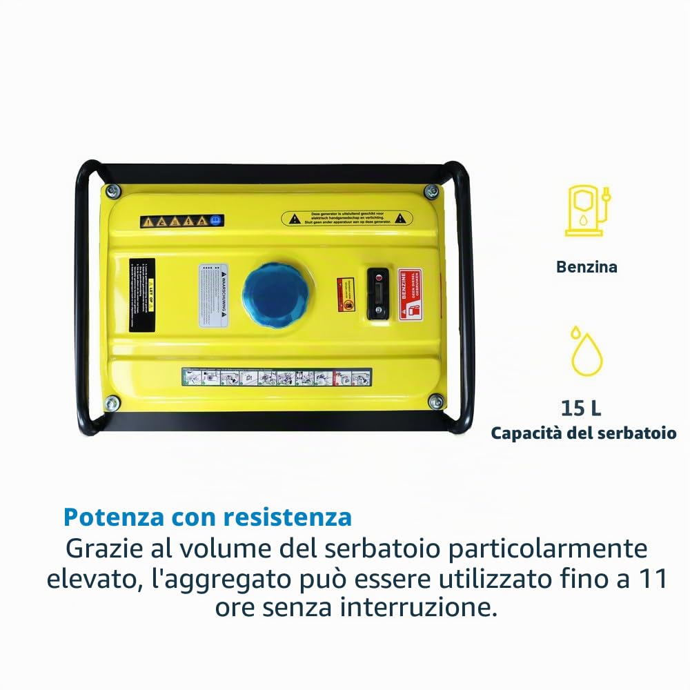 Generatore di corrente, 2000 W, carico massimo 2200 W, motore a 4 tempi, 7 CV, silenzioso, a benzina, inverter di corrente di emergenza, 2 prese Schuko