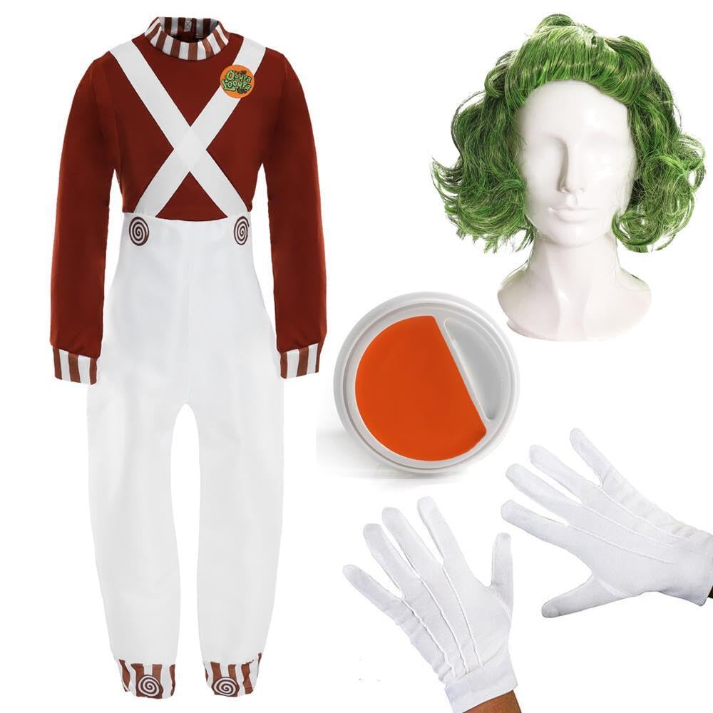 Kids Factory Worker Costume - Brown and White Jumpsuit, Green Factory Worker Wig, Orange and White Facepaint and White Gloves - Childs World. Book Day Book Week Fancy Dress Costume