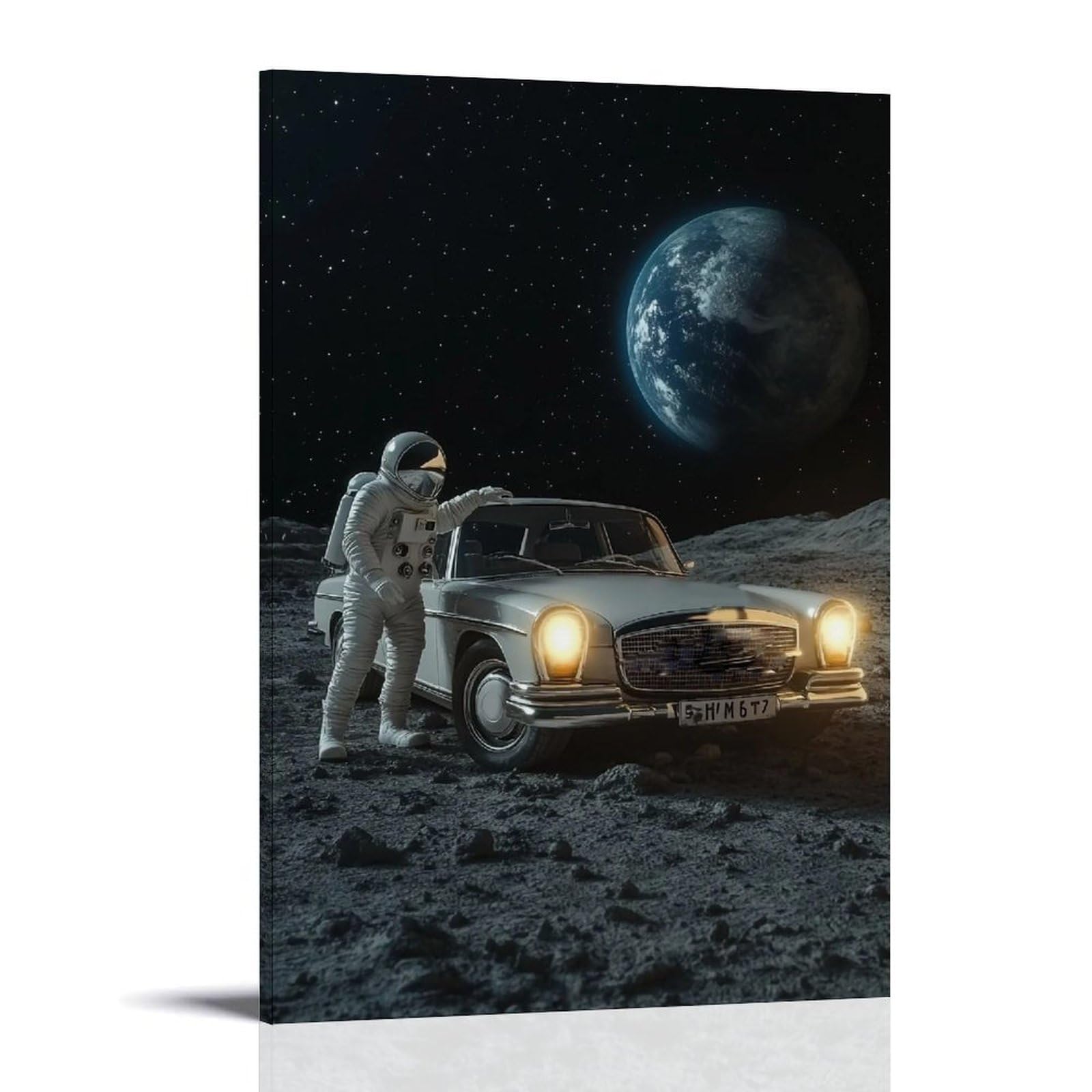 HUERYRYHY Car on The Moon 03 Poster Wall Art Canvas Vintage Aesthetic Painting Decor for Rooms 24x36inch Frame-style