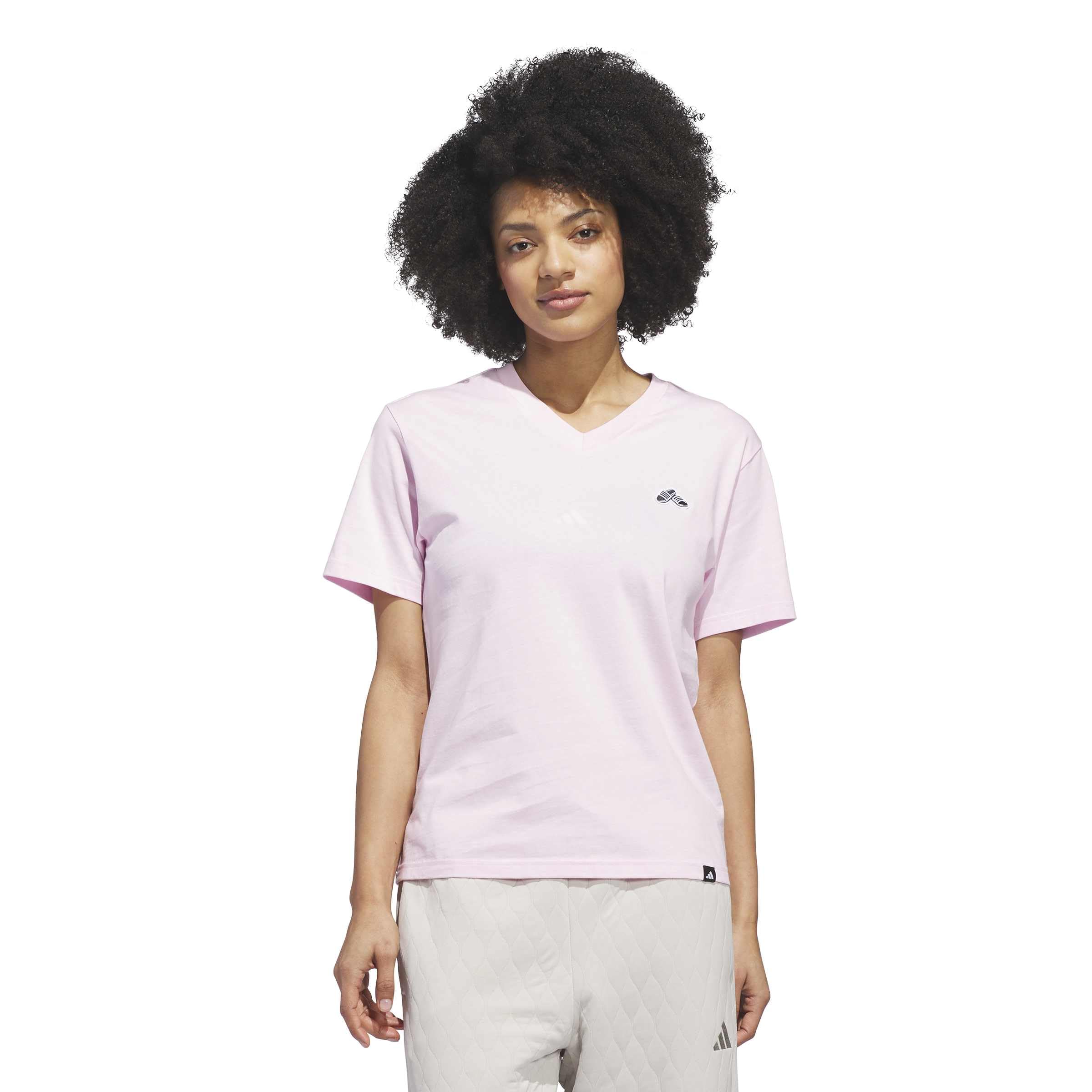 adidas Women's Summer Slide Graphic Vneck T-Shirt, Clear Pink, XS