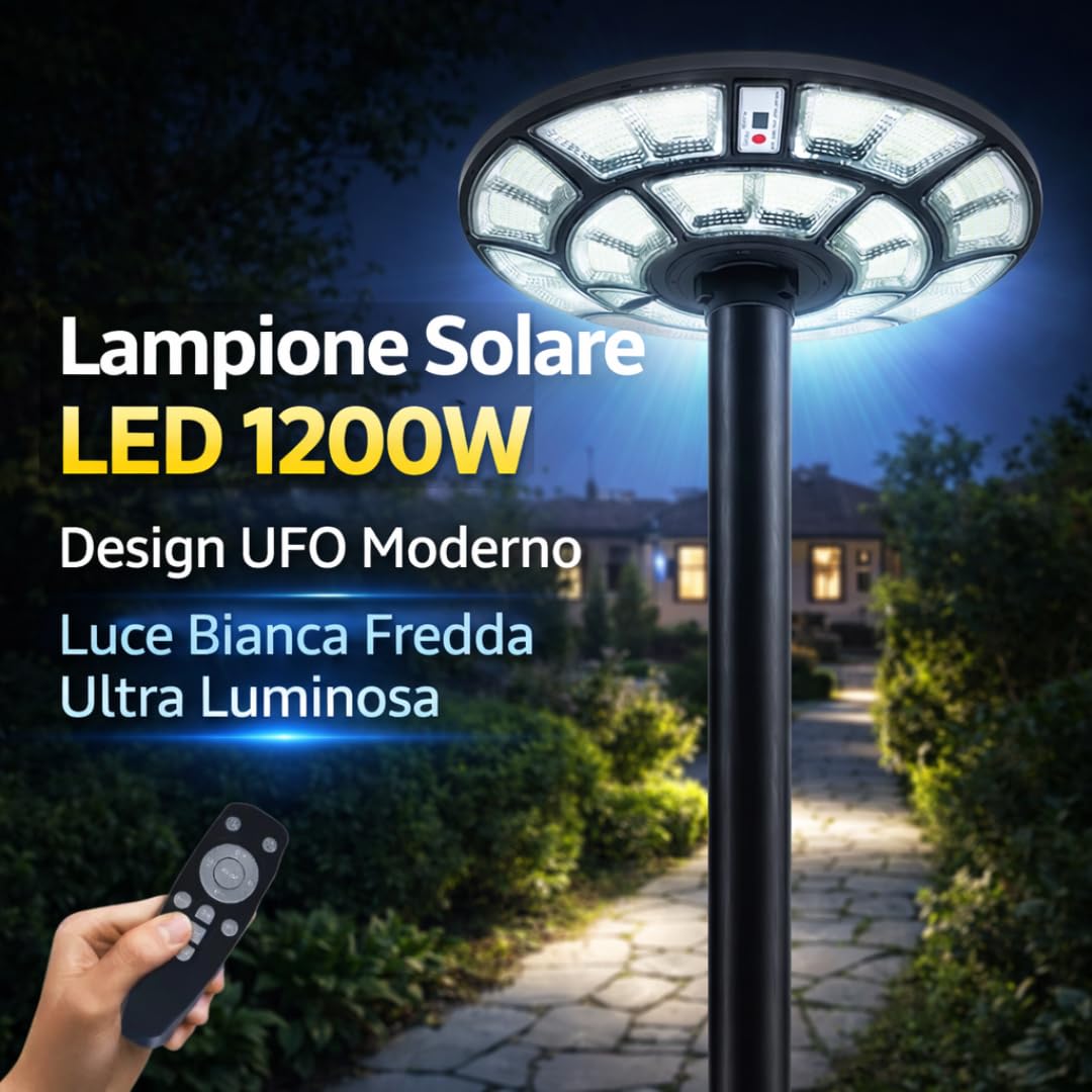 DE ROSA SHOP Lampione Solare Led Esterno, Lampione da Giardino 1200 Watt forma Ufo con Telecomando, Sensore di Movimento e Crepuscolare, Luce Bianco Fredda, Impermeabile IP 67.