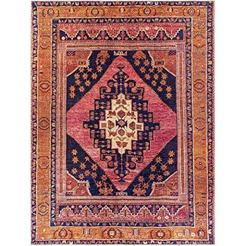 BoutiqueRugs Malamote Traditional Area Rug - Machine Washable - Navy, Dark Pink, Burnt Orange - 18" x 18" Sample Cover
