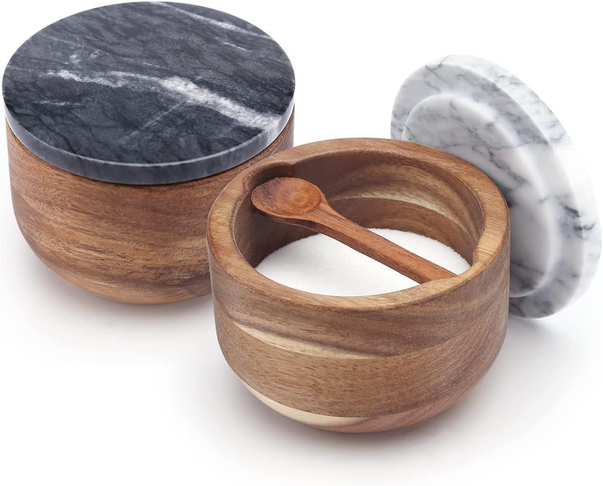 KITCHENDAO Large Wood Salt and Pepper Box Bowl Set with Built-in Serving Spoon, Natural Solid Acacia Base, Big Capacity Salt Pepper Cellar Container Holder, 10oz Capacity Each, Black & Grey Marble Lid