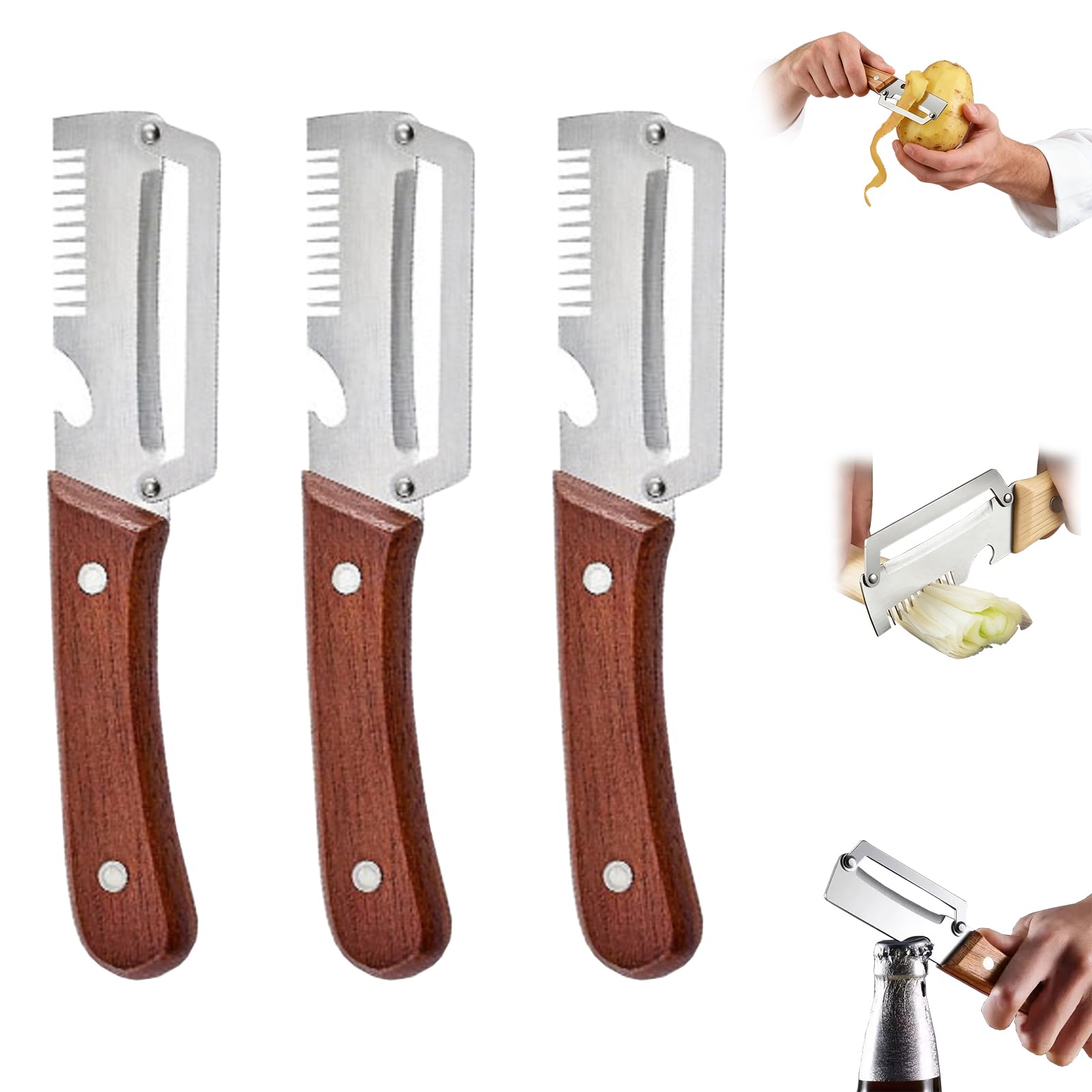 Vegetable Peeler Multifunctional, Potato Peeler (Sbucciare + Tagliare A Julienne) 2Pc, Stainless Steel Peeler with A Wooden Handle, Peeler Opener for Kitchen, Camping & Home Use (C(3PC))