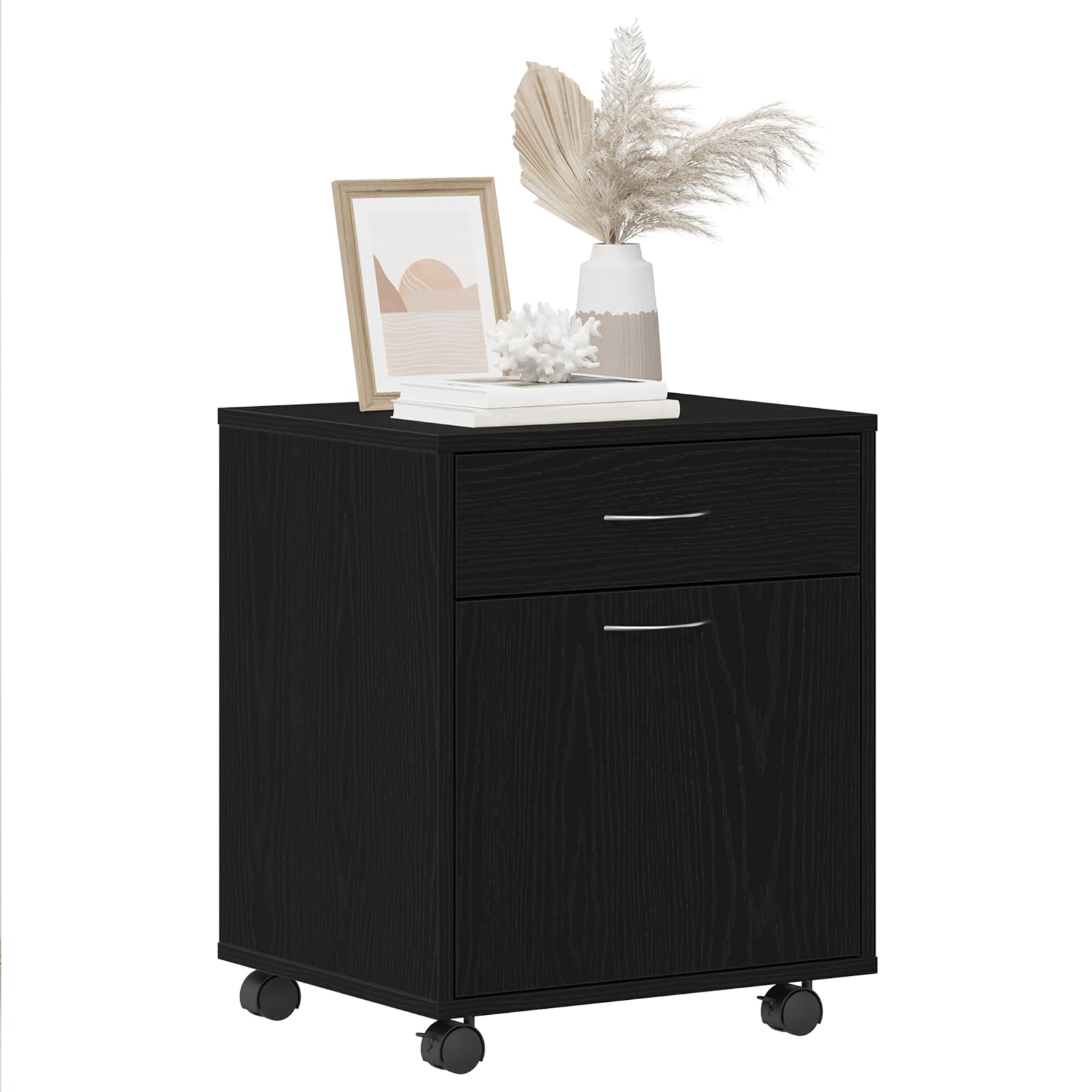 Rollschrank Schwarz Eiche 45x38x54 cm Holzwerkstoff mit Schublade und Tür für Büroorganisation und Stauraum