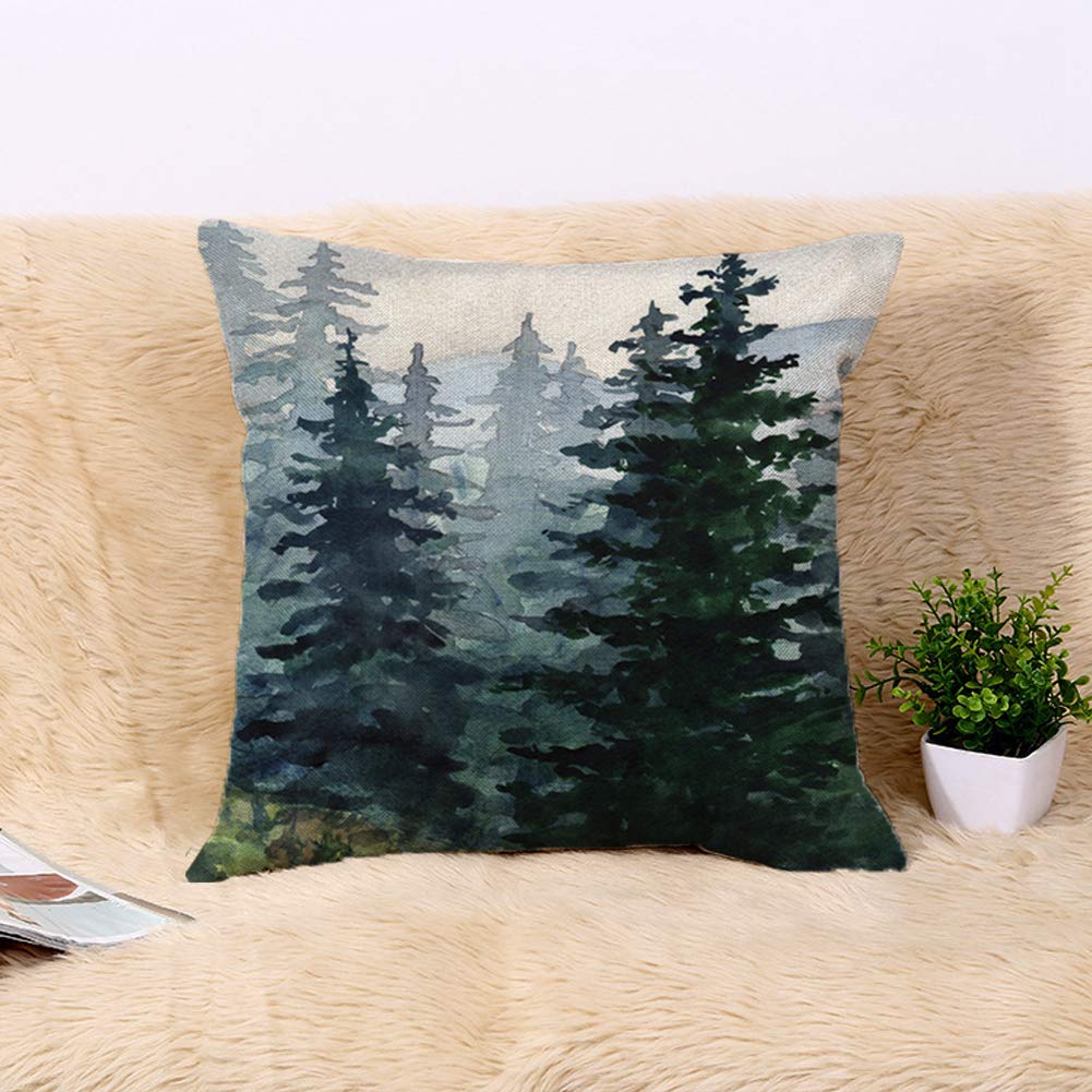 Awowee Flax Throw Pillow Cover Blue Winter Watercolor Landscape Pine Forest Mountains Alaska Artistic 18x18 Inches Pillowcase Home Decor Square Cotton Linen Pillow Case Cushion Cover