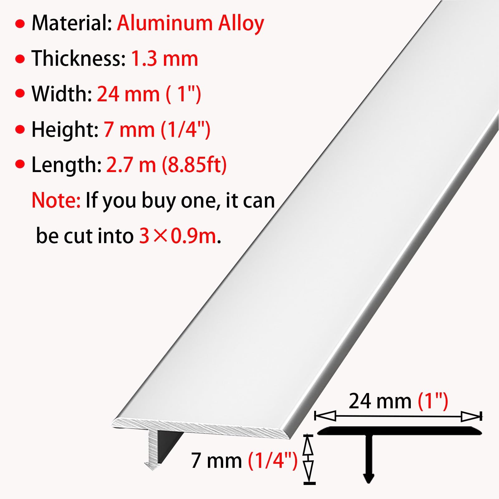 übergangsprofil T-förmige Zierleiste/Bodenübergangsleiste, Schwellentrennleiste aus Metall zum Verbinden von Bodenlücken auf Ebenen Böden, Reduzierstück für Flache Kantenverbindungen(White)