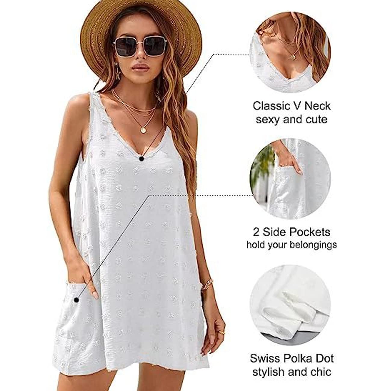 Robe de Plage Sans Manches V-Cou Mini avec Pochette Sexy Cache-Maillots et Sarongs Ete Maillot de Bain Bikini Cover Up Couvrir Bohème Beachwear