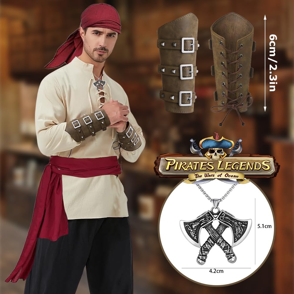 Piratenkostüm Herren 7 Stück Mittelalter Kleidung Herren Set, Herren Renaissance Kostüm Set mit Mittelalter Hose Herren Mittelalter Hemd Viking Piraten Kopftuch Gürtel Handgelenkgurt Axt-Halskette