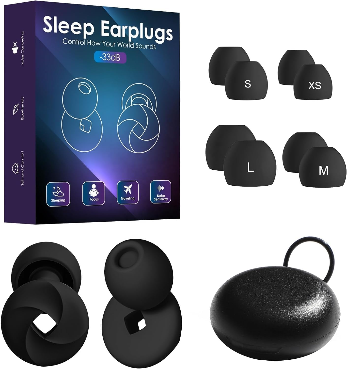 GenericEar Plugs for Sleeping Noise Cancelling, Soft Silicone Reusable Earplugs for Sleep Swimming Snoring Traveling Studying Working Mowing Loud Noise in XS/S/M/L - 33 dB (Black)