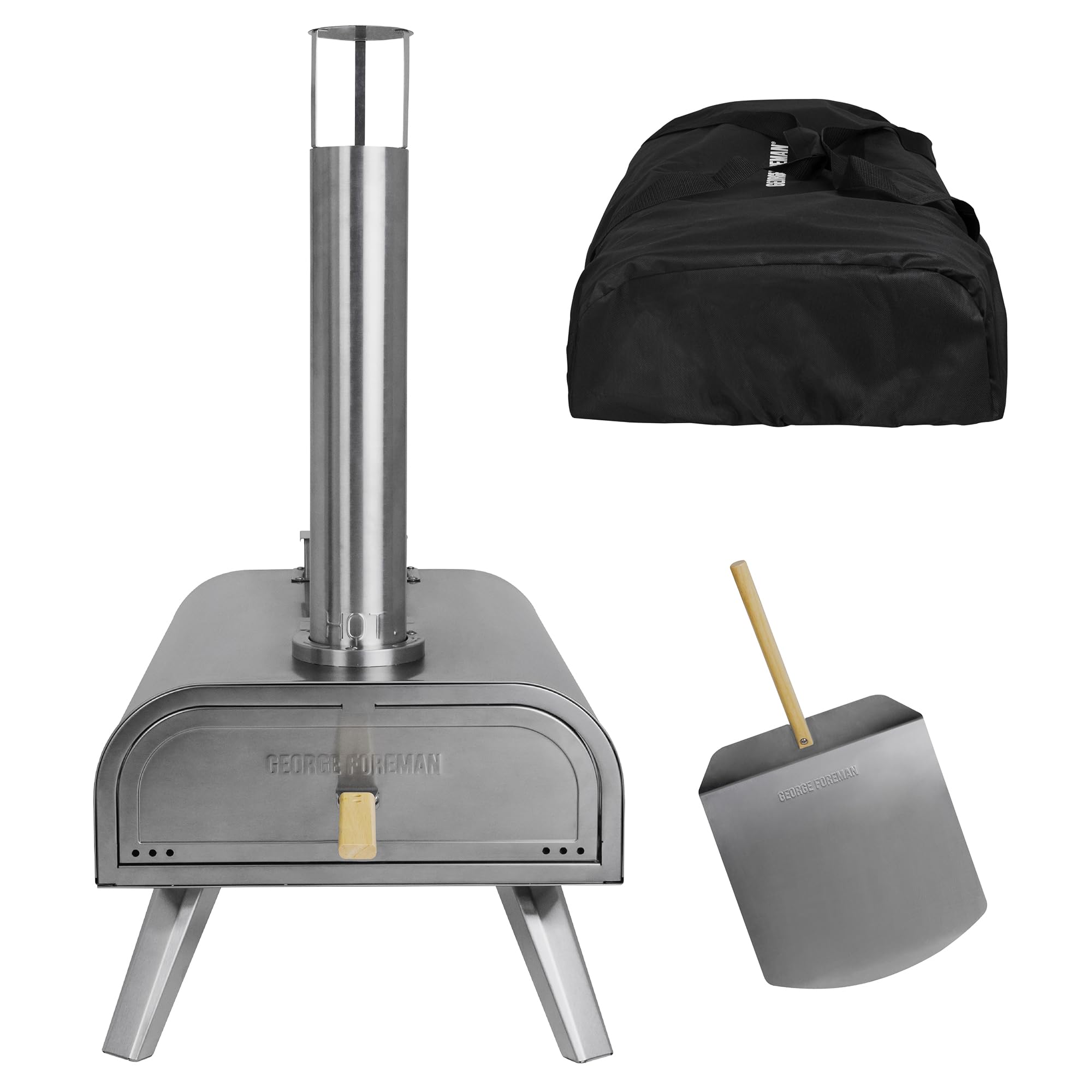 George Foreman Outdoor 16 Inch Wood Pellet Portable Wood Fired Pizza Oven Stainless Steel with Paddle and Carry Bag, BBQ Oven & Smoker, Foldable Legs GFWPPO2SSPC [Energy Class A]