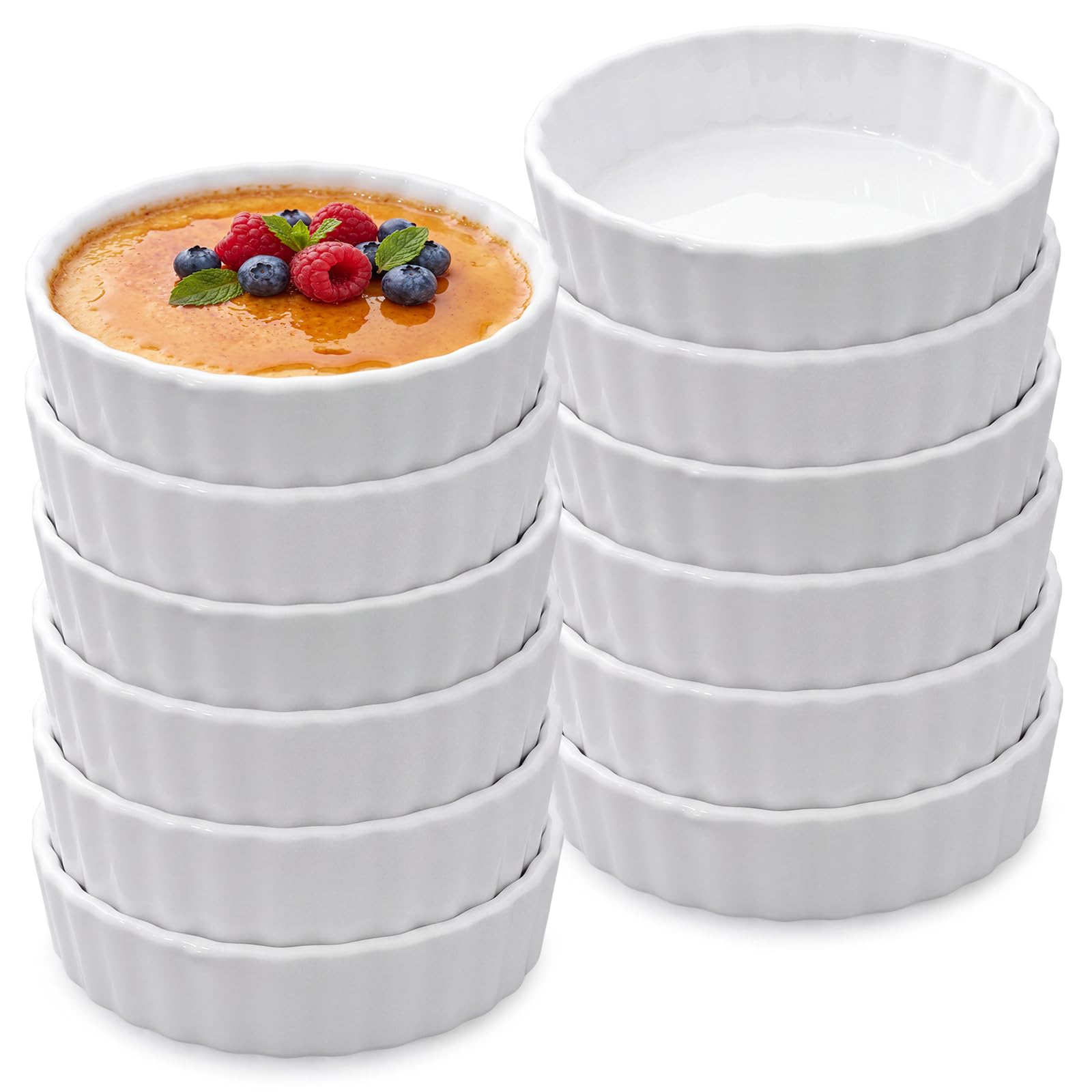 Layhit 12 Pcs,4 oz White Ceramic Creme Brulee Ramekins Bulk, Oven Safe