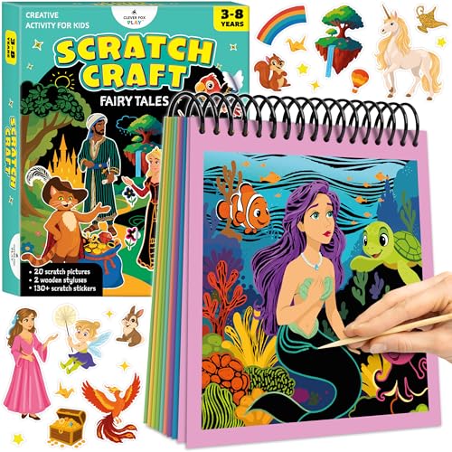 Clever Fox Play Scratch Craft for Kids 30 Magical Fairy Tales Scratch-Off Pictures & 130+ Stickers Craft Kits DIY Supplies Arts & Crafts Gifts for Boys & Girls Ages 3 4 5 6 7 8