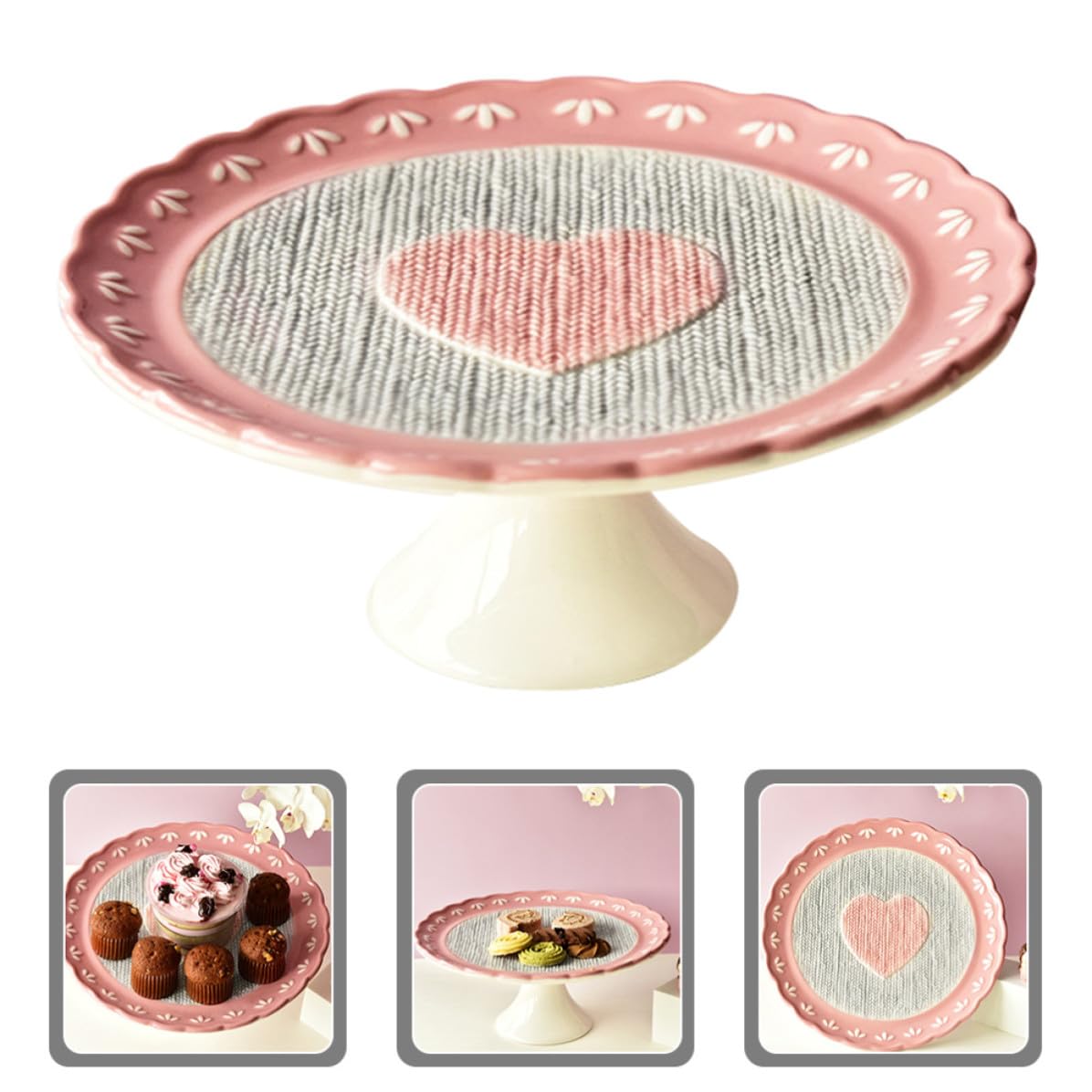 UKCOCO Piatto Torta in Ceramica Rosa a Cuore per Dessert e Tavola