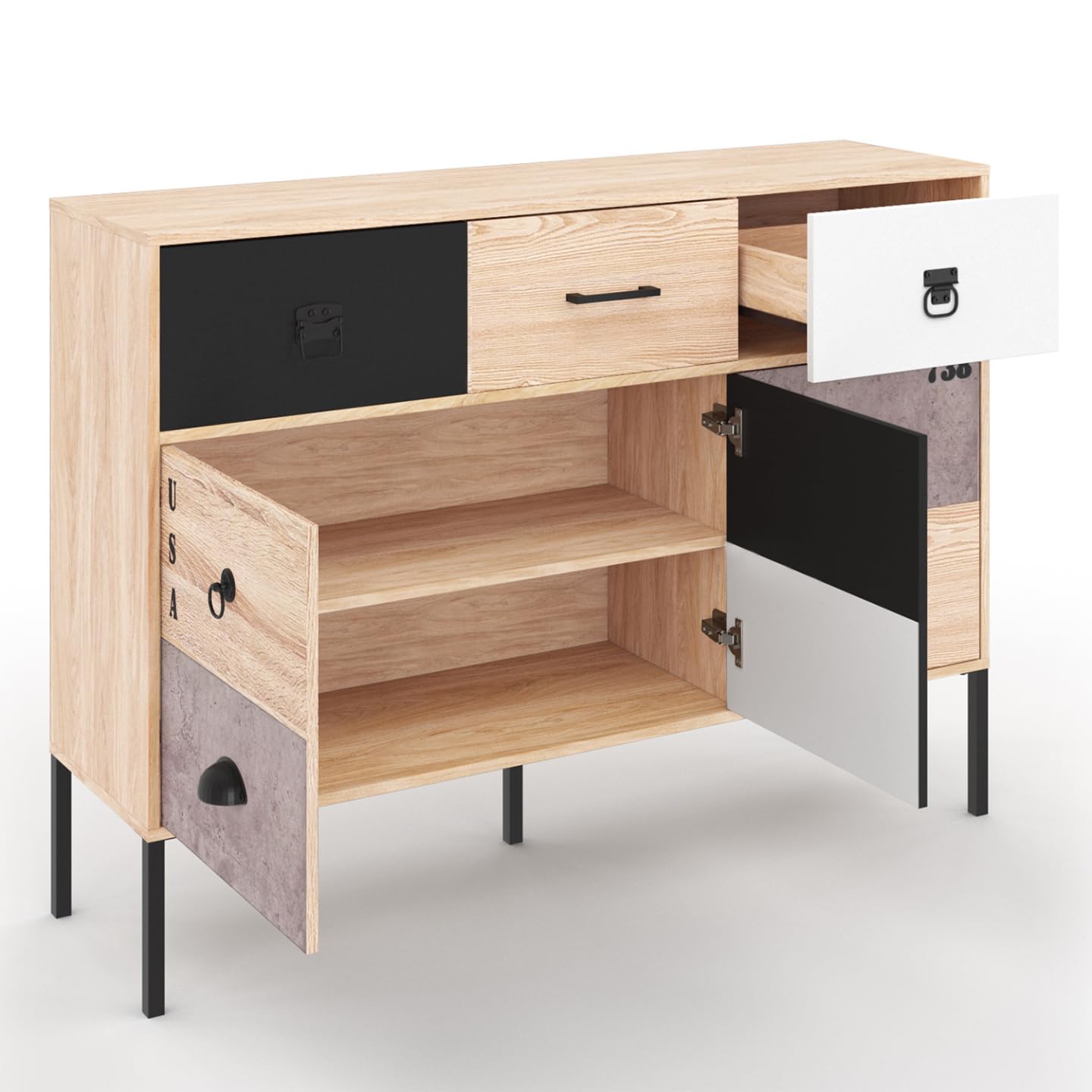 IDMarket Sacramento Design Industrial - Aparador 3 puertas 3 cajones 110 cm