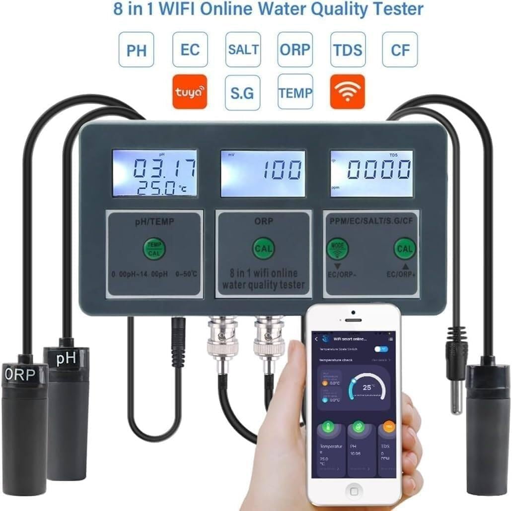 WiFi Smart Water Quality Meter Monitor, 8 in 1 Water Quality Detector, PH/EC/TDS/Salt/S.G/CF/ORP/Temp Tester, for Aquariums Pool Hydroponics