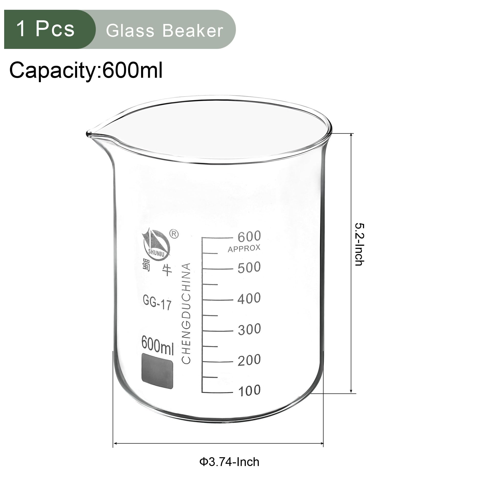 YOKIVE Low Form Glass Beaker, Laboratory Use Liquid Measuring Cup, Great for Lab, Kitchen, Daily Use (Clear, 600ML)