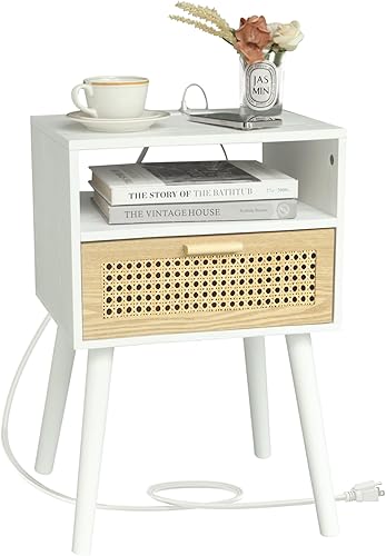 MaxSmeo Mesita de noche con estación de carga, mesitas de noche con cajón de ratán, mesita de noche moderna de mediados de siglo, mesa auxiliar para
